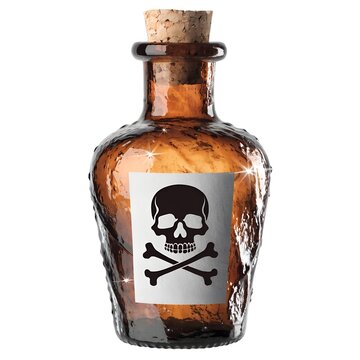 An isolated green glass bottle of poison sits like a vintage wine decanter filled with a lethal black liquid beverage instead of alcohol or whiskey on a white background