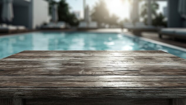 Weathered wooden table in foreground, luxury poolside resort blurred background
