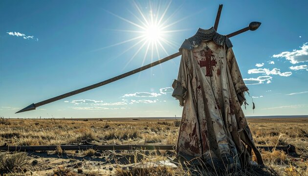Tattered Knight's Surcoat Blood Stained on Wooden Post