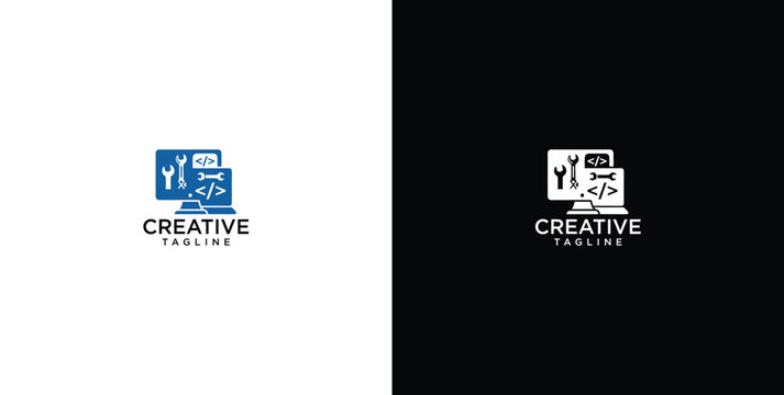 Computer repair logo template. Software development vector design.