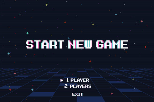 START NEW GAME play. Synthwave wireframe net illustration. pixel art 8 bit . Retro Futurism Sci-Fi Background. glowing neon grid and stars.