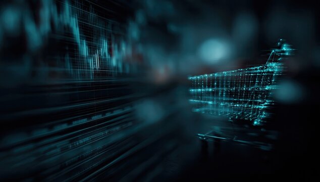 Glowing digital shopping cart against a blurred data graph