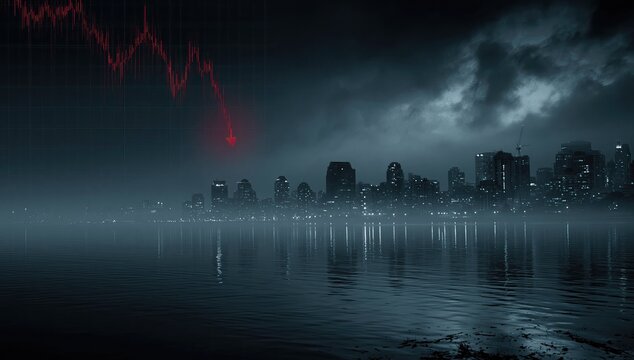 Red downward trend graph overlays dark, foggy cityscape reflecting in water