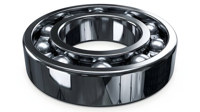 Chrome ball bearing with metal balls on white background.
