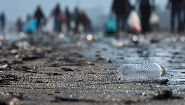 A clear plastic bottle lies discarded on a damp, pebbly path with blurred figures walking away