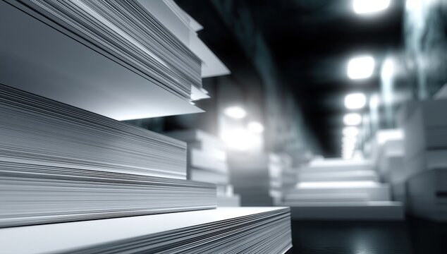 Stacks of paper in a dimly lit, industrial warehouse environment