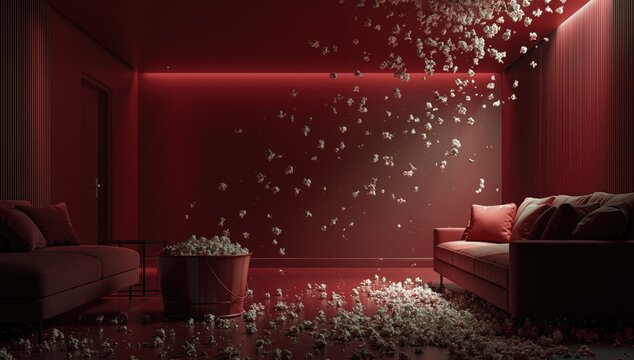 Red room with popcorn exploding from a bucket, covering floor and air