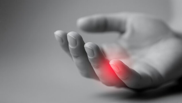 Close-up grayscale image of a human hand with a bright red spot of light on the index finger