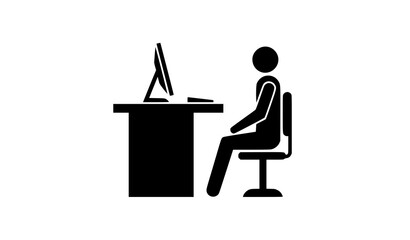 Solid black office ergonomics vector icon featuring character with upright sitting posture at a computer workstation isolated on a solid white background © MdIbrahimIslam