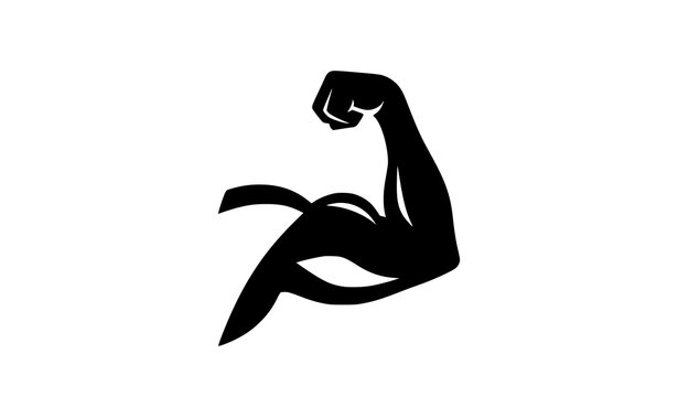 Strong bicep flex vector illustration with black muscular arm silhouette and clenched fist gym power symbol isolated on white background
