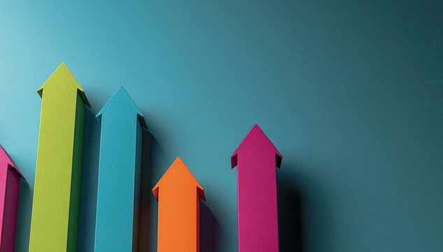 Colorful arrows pointing upwards, symbolizing growth and progress on a blue background