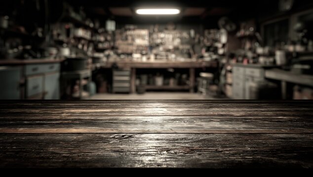 Rustic wooden workbench foreground, cluttered workshop background