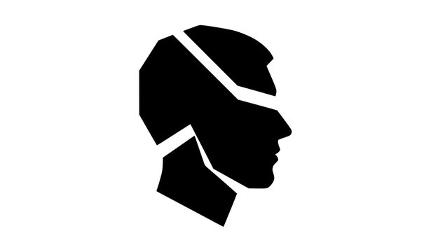 Minimalist sci-fi human head profile silhouette vector icon featuring smart male side view with geometric tech visor isolated on a solid white background