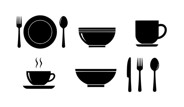 Solid black kitchen tableware and cutlery silhouette vector icon set featuring plates bowls mugs and restaurant utensils isolated on a solid white background