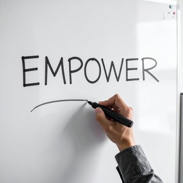 hand writing empower on white board with black marker, leadership training, business strategy, professional development, motivational message for teamwork