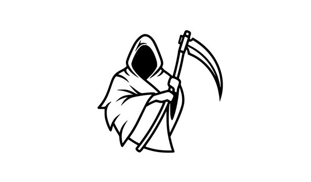 Minimalist black and white line art grim reaper vector illustration featuring spooky hooded ghost holding a scythe isolated on a solid white background