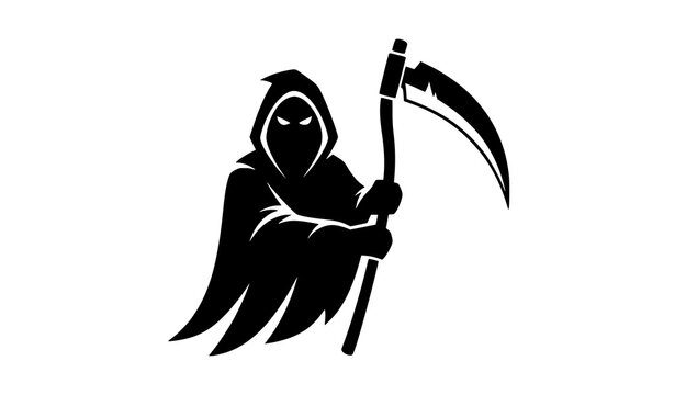 Grim reaper silhouette vector illustration featuring a spooky hooded ghost holding a sharp scythe blade isolated on a solid white background for commercial use