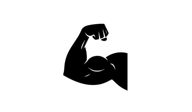 Vintage gym emblem vector logo powerful flexed bicep arm with dumbbell weight icon isolated on white background
