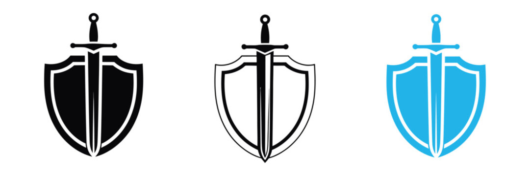 Shield and Sword icon set representing protection defense and security concepts with powerful medieval symbol vector illustration design.