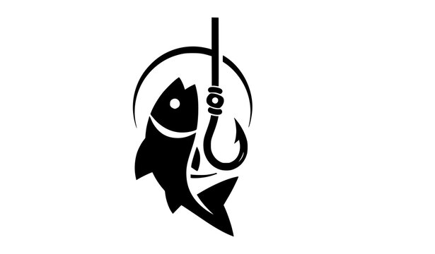 Fishing logo vector icon with fish silhouette and hook emblem isolated on white background