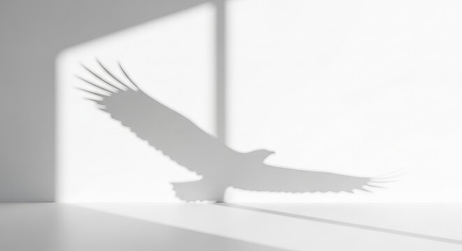 Majestic Eagle Silhouette Soaring in Shadow and Light Against a Minimalist White Background