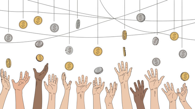 Diverse hands reaching coins.