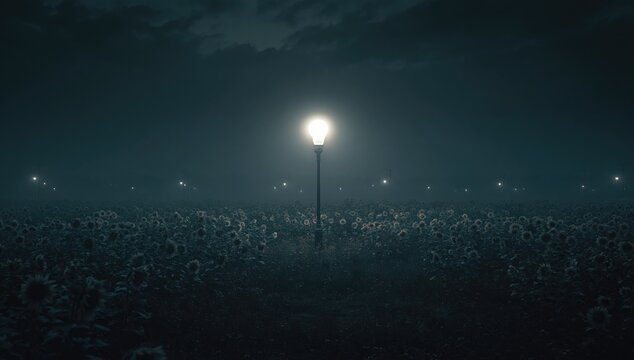 A lone, illuminated lamp post shines brightly over a field of sunflowers at night