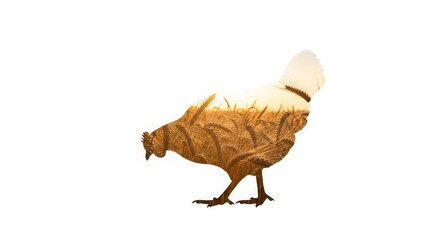 Obraz premium Artistic Chicken Silhouette Filled With Golden Wheat Field Texture Isolated on White
