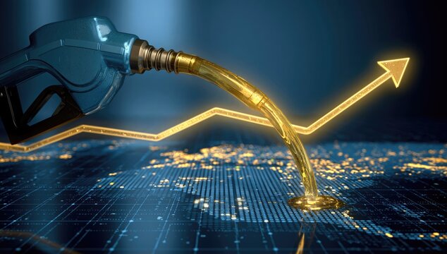 A fuel nozzle dispenses golden liquid over a digital world map with rising arrow