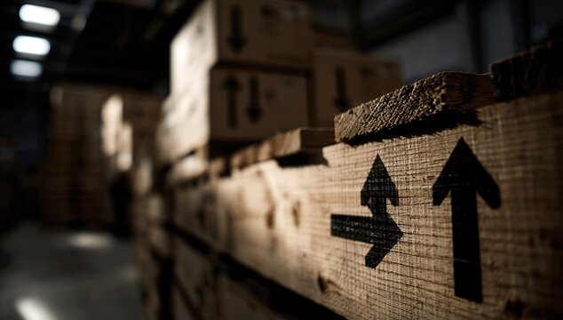 Stacked wooden crates with directional arrows in a dimly lit warehouse (1)