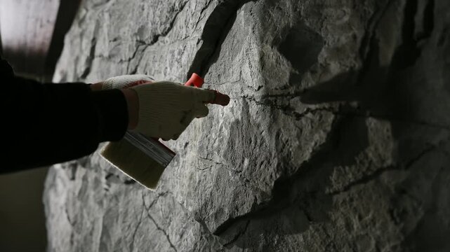 Sealant Application Process. Mason Precisely Injecting Sealant Into Wall Cracks With Gloves And Tools