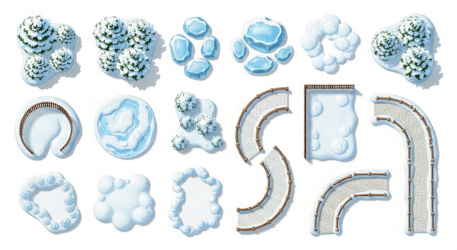 Winter landscape map constructor, top view snow covered trees and icy road tiles, frozen forest environment game assets vector set