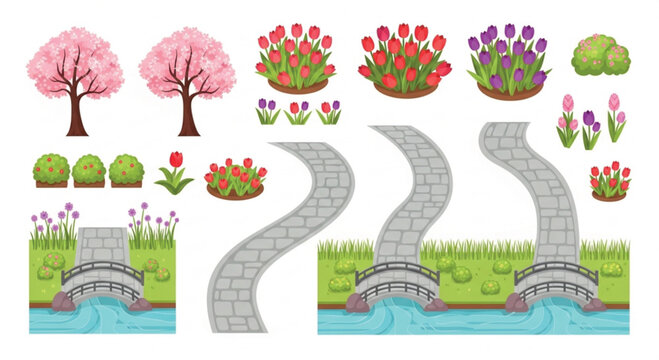 Spring garden landscape elements vector set, cherry blossom trees and tulip flower beds, stone path and arched bridge over river icons