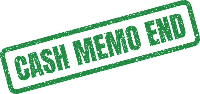 Rectangular green grunge stamp reading CASH MEMO END, symbolizing transaction completion and finalization records