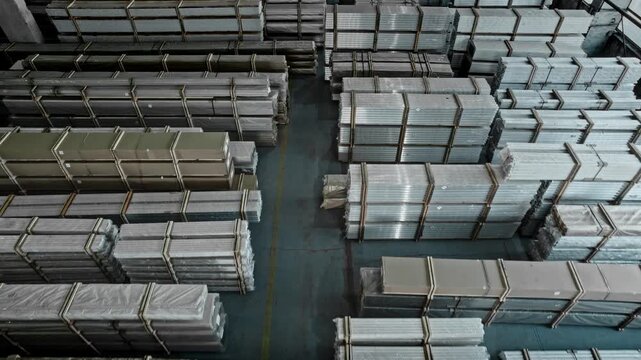 Production Site With Organized Storage. Efficient Warehouse With Pallet Stacks And Shipping Preparation