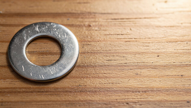 Single metal flat washer on wooden surface
