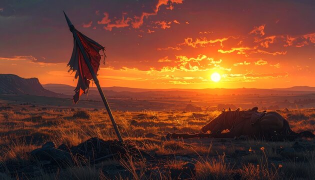 Fallen Warhorse and Tattered Lance at Sunset Battlefield