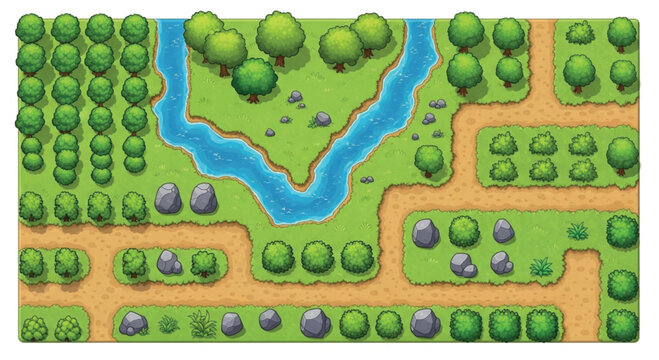 Isometric game map tileset with green forest and blue river, top-down nature landscape vector, cartoon environment for mobile gaming
