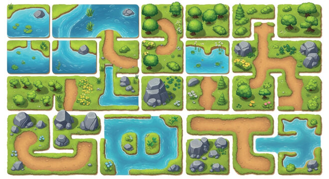 Isometric game map tiles, cartoon landscape environment kit with 24 vector elements, modular nature terrain blocks for mobile gaming and level design