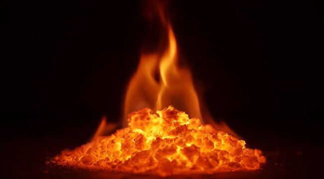 Close Up Macro Shot of Bright Orange Glowing Embers and Flickering Flames in Darkness With Shallow Depth of Field and Dark Background