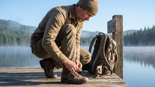 Hiker tying boot laces on a wooden dock beside a calm lake at sunrise, backpack nearby, quiet outdoor mood with misty forest hills in the background