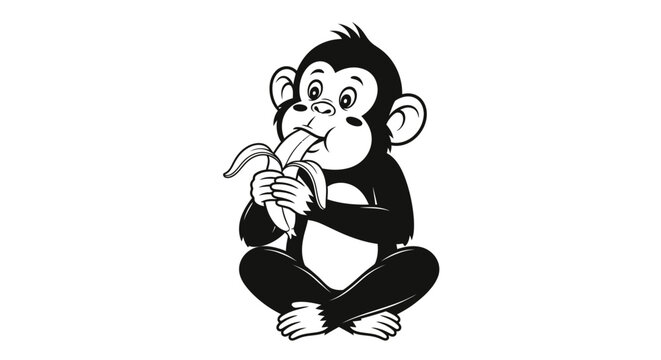 Cartoon monkey sitting and eating a banana