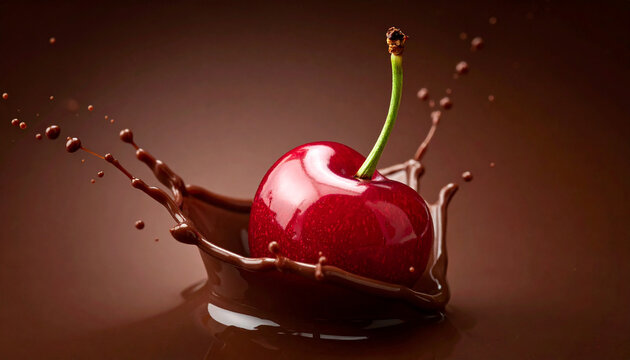 Ripe red cherry splashing into dark chocolate with motion blur. cherry, chocolate