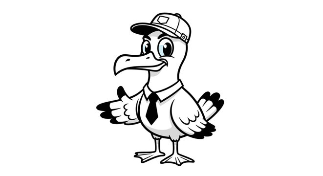 Business seagull character wearing a tie and cap illustration