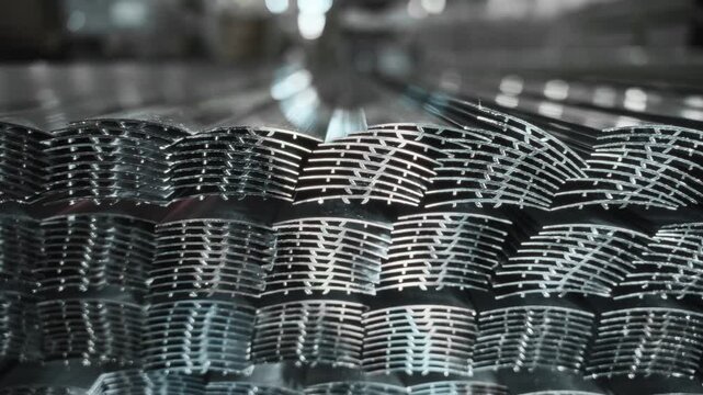 Metallic Aluminum Profiles Arranged In Layers With Reflective Surface Under Subdued Industrial Glow