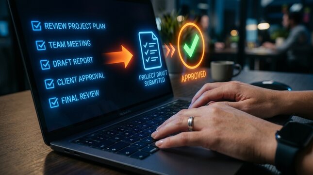 Project management workflow completion with a digital checklist and sign-off on a laptop screen, symbolizing successful task management