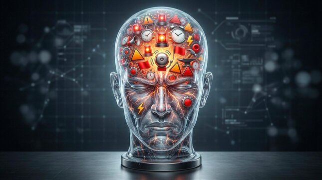 head filled with alarm icons representing constant stress and urgency, conceptual visual 