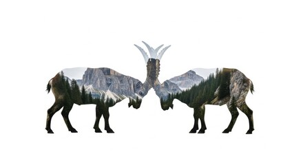 Fototapeta premium Two Majestic Rams with Mountain and Forest Landscapes Within Their Silhouettes