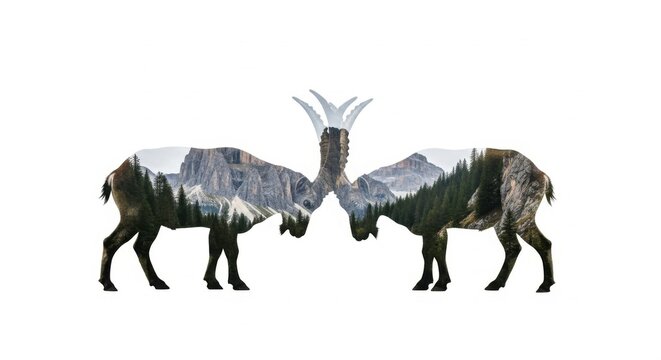 Two Majestic Rams with Mountain and Forest Landscapes Within Their Silhouettes