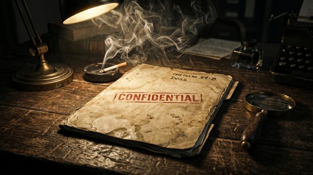 Atmospheric shot of a confidential document folder on a vintage desk, surrounded by a smoking cigarette, an old lamp, and investigative tools, evoking a mysterious and secretive detective story